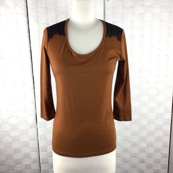 Talbots Brown Tee w/Black Lace,  3/4 Sleeves, P - Picture 2 of 7